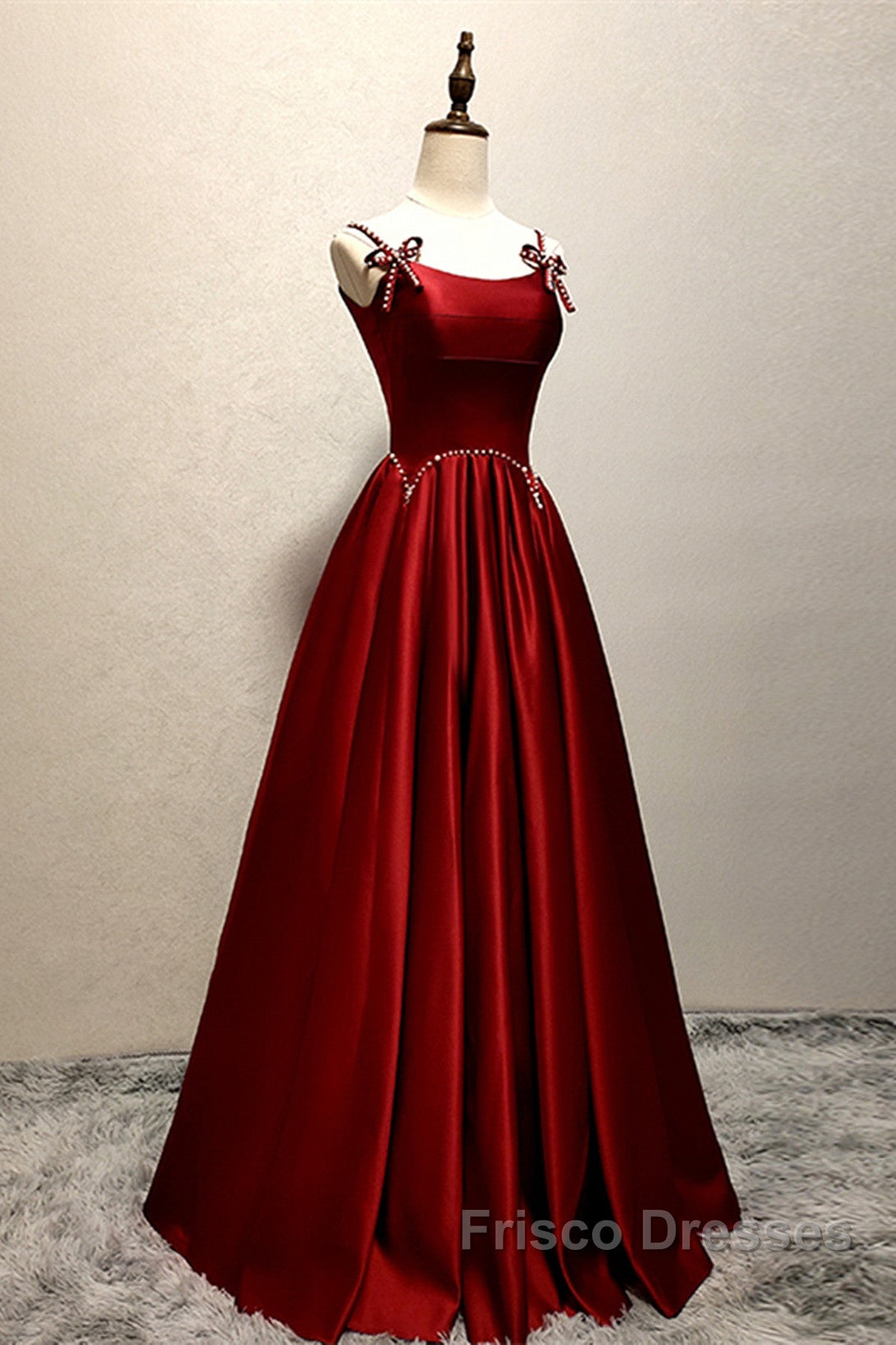 Wine Red Satin Straps Beaded Long Party Dress, Wine Red A-Line Formal Prom Dress