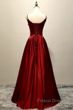 Wine Red Satin Straps Beaded Long Party Dress, Wine Red A-Line Formal Prom Dress