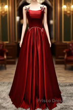 Wine Red Satin Straps Beaded Long Party Dress, Wine Red A-Line Formal Prom Dress