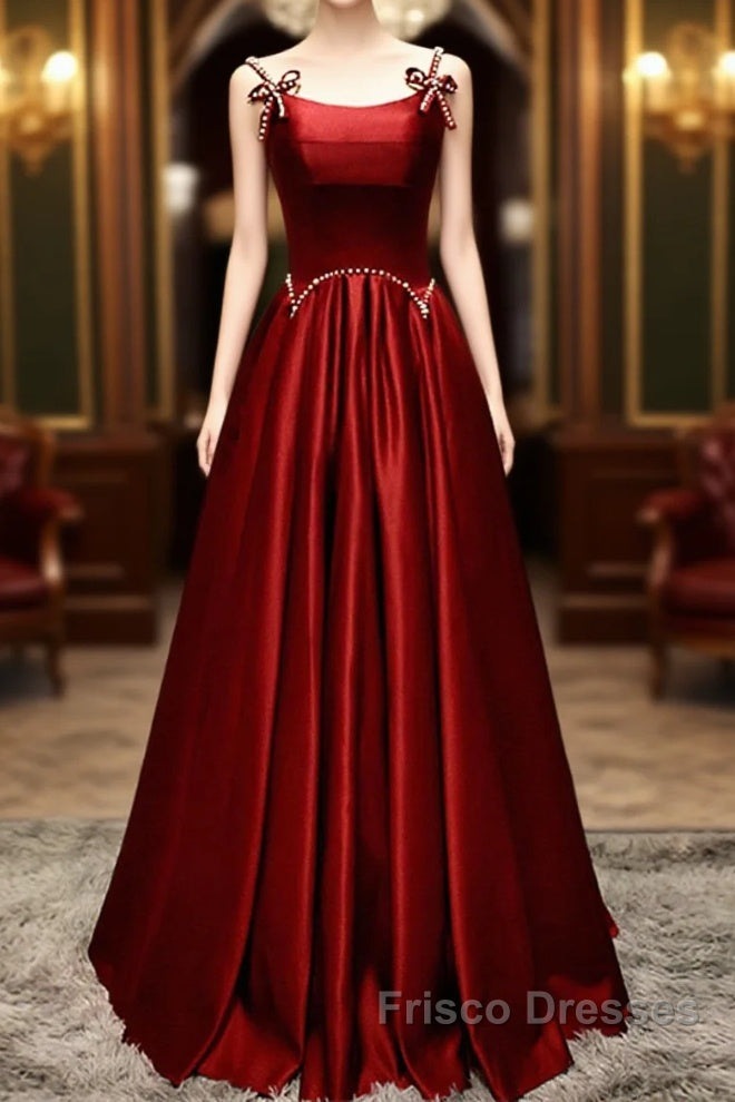 Wine Red Satin Straps Beaded Long Party Dress, Wine Red A-Line Formal Prom Dress