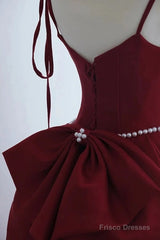 Wine Red Satin Straps Long Party Dress, Wine Red Floor Length Formal Dress Prom Dress