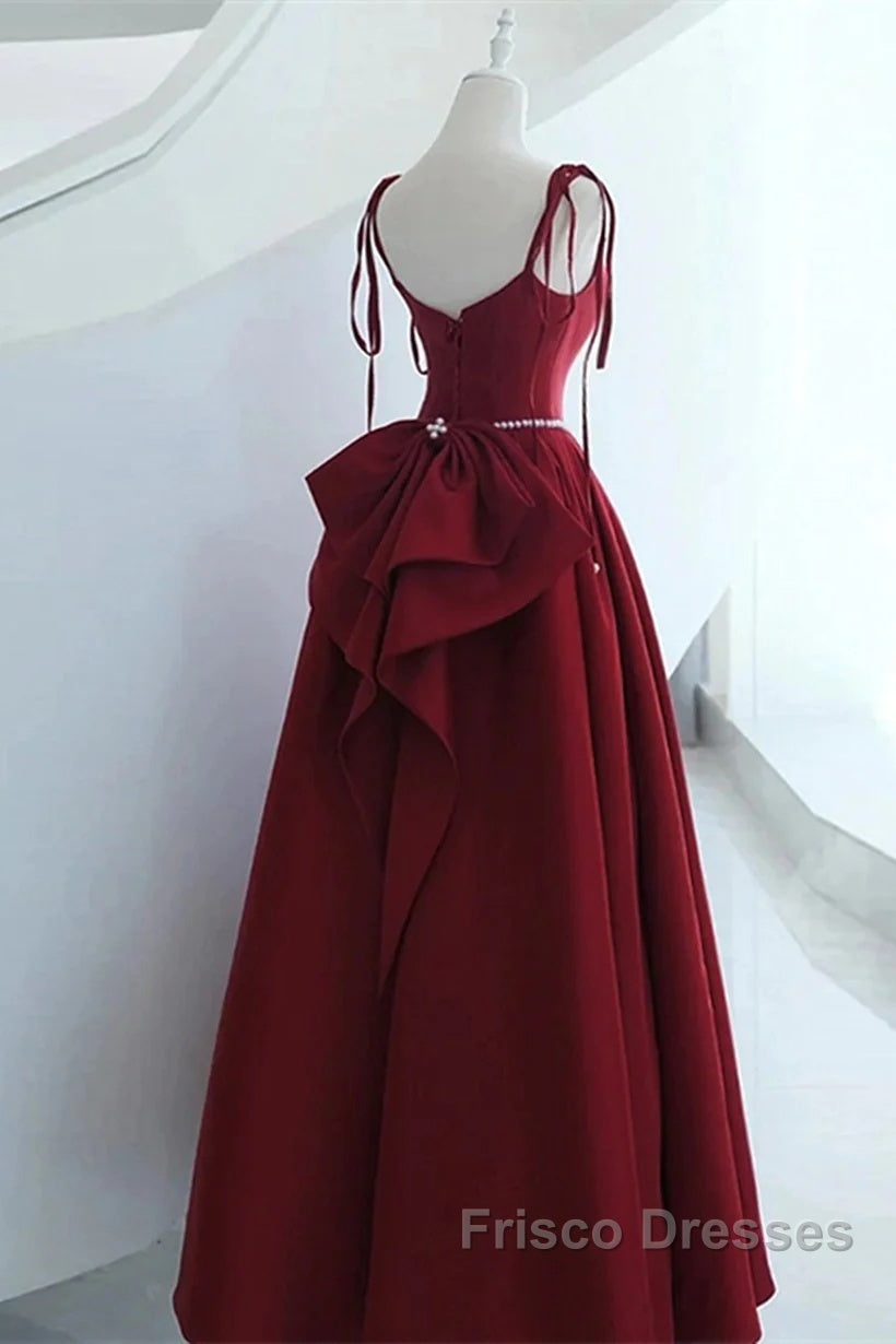 Wine Red Satin Straps Long Party Dress, Wine Red Floor Length Formal Dress Formal Prom Dress
