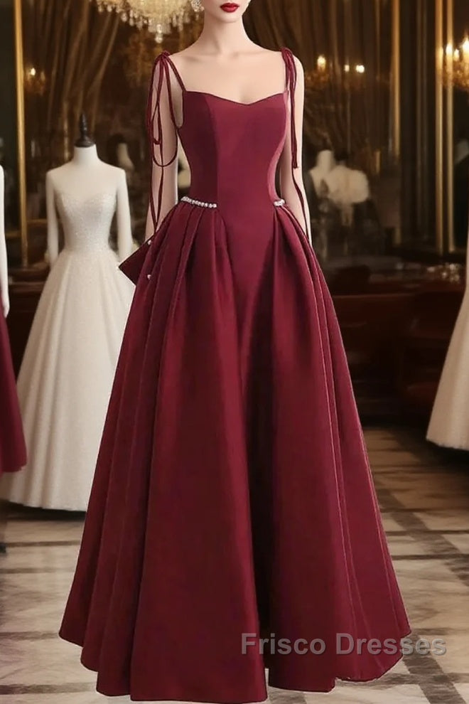 Wine Red Satin Straps Long Party Dress, Wine Red Floor Length Formal Dress Formal Prom Dress