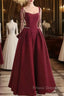 Wine Red Satin Straps Long Party Dress, Wine Red Floor Length Formal Dress Formal Prom Dress
