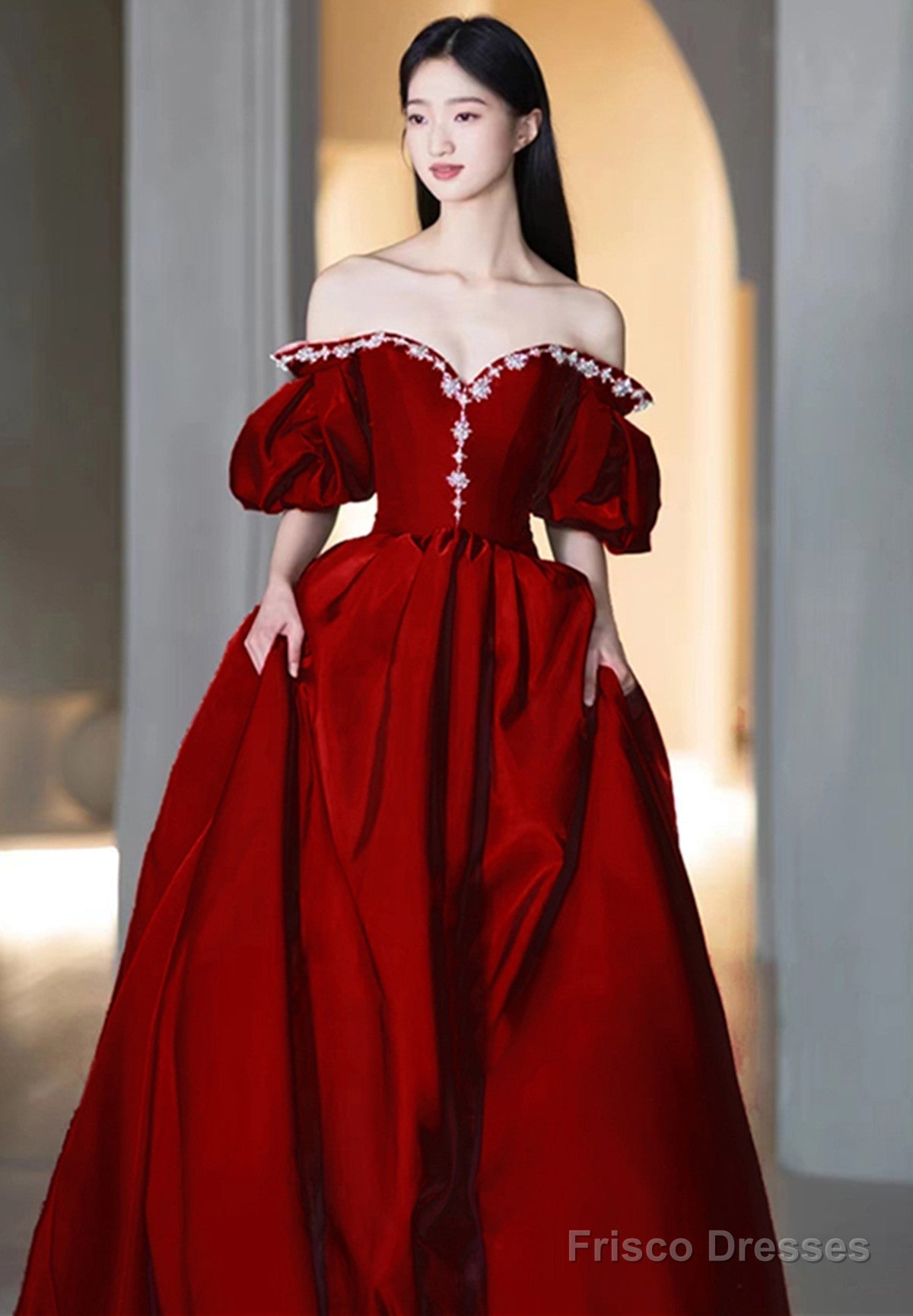 Wine Red Satin Sweetheart Beaded Long Prom Dress, Wine Red Evening Dress Secondary image