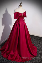 Wine Red Satin Sweetheart Long Evening Dress, Wine Red Satin Formal Prom Dress