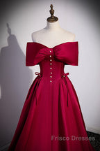 Wine Red Satin Sweetheart Long Evening Dress, Wine Red Satin Formal Prom Dress