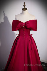 Wine Red Satin Sweetheart Long Evening Dress, Wine Red Satin Formal Prom Dress
