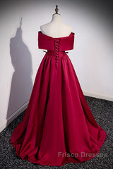 Wine Red Satin Sweetheart Long Evening Dress, Wine Red Satin Formal Prom Dress