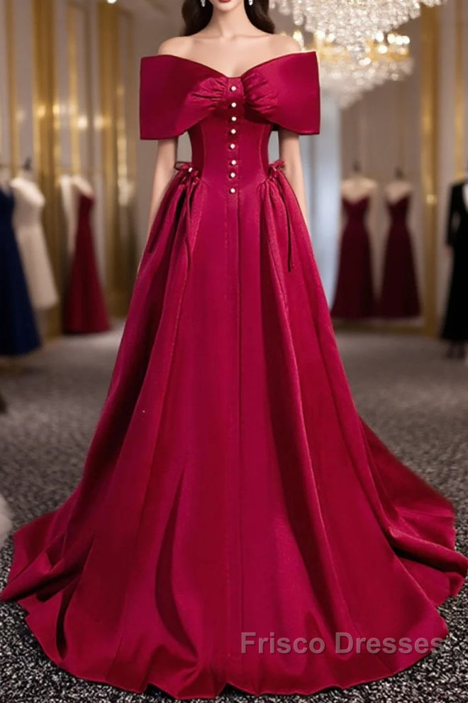 Wine Red Satin Sweetheart Long Evening Dress, Wine Red Satin Formal Prom Dress Main image