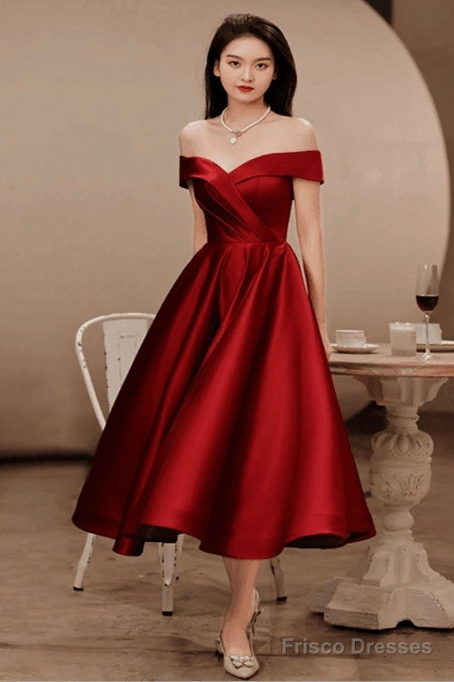 Wine Red Satin Tea Length Bridesmaid Dress Party Dress, Burgundy Satin Homecoming Dress