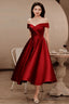 Wine Red Satin Tea Length Bridesmaid Dress Party Dress, Burgundy Satin Homecoming Dress