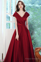 Wine Red Satin V-Neckline Floor Length Party Dress, Wine Red Satin Prom Dress