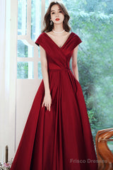 Wine Red Satin V-Neckline Floor Length Party Dress, Wine Red Satin Prom Dress