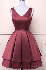 Wine Red Satin V-Neckline Short Party Dress, Wine Red Homecoming Dress
