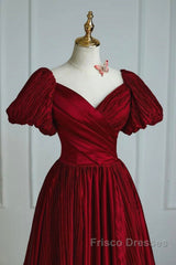 Wine Red Satin V-Neckline Short Sleeves Formal Prom Dress, Wine Red Long Party Dress