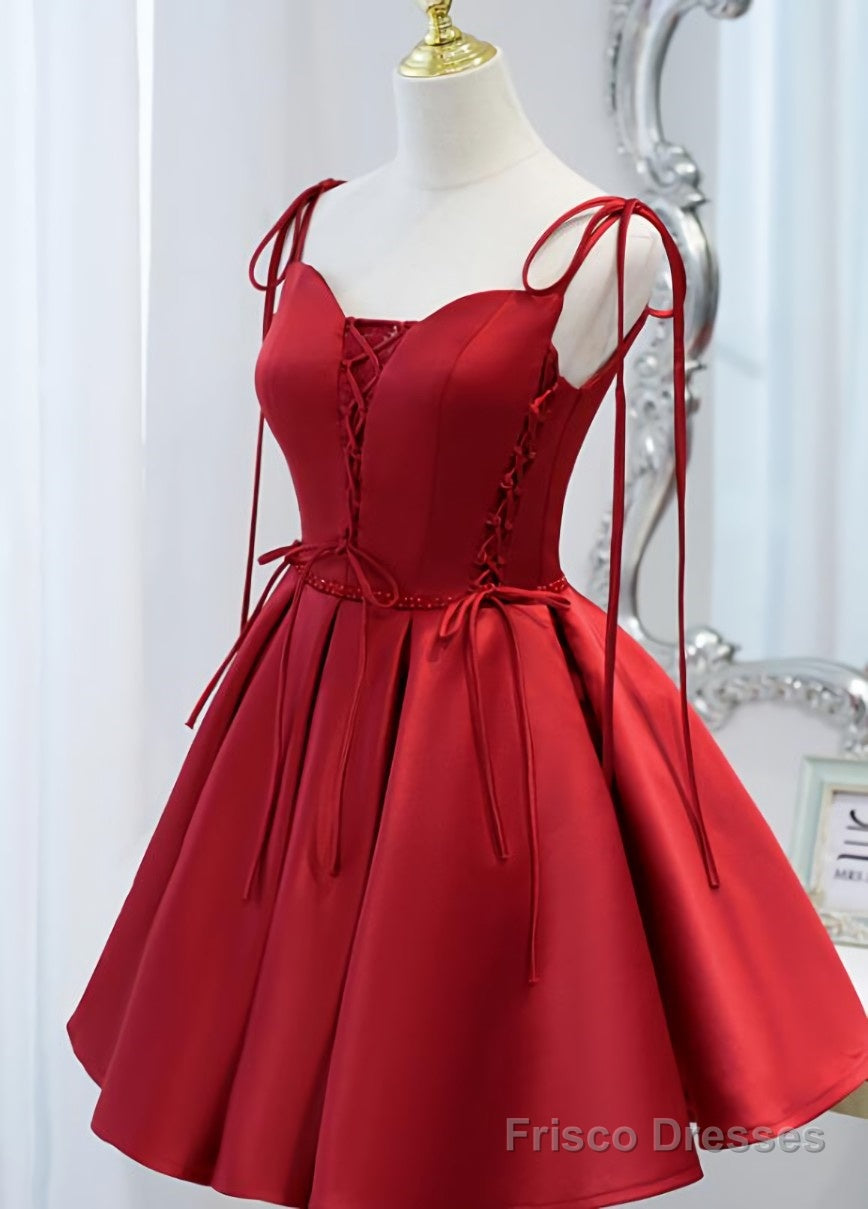 Wine Red Satin V-neckline Straps Beaded Short Prom Dress, Wine Red Party Dresses Main image