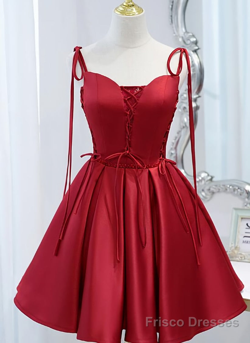 Wine Red Satin V-neckline Straps Beaded Short Prom Dress, Wine Red Party Dresses Secondary image