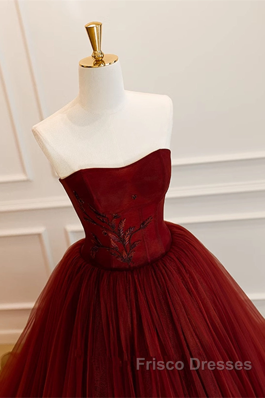 Wine Red Scoop Sweetheart Tulle Ball Gown Formal Prom Dress, Wine Red Tulle Evening Dress