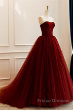 Wine Red Scoop Sweetheart Tulle Ball Gown Formal Prom Dress, Wine Red Tulle Evening Dress