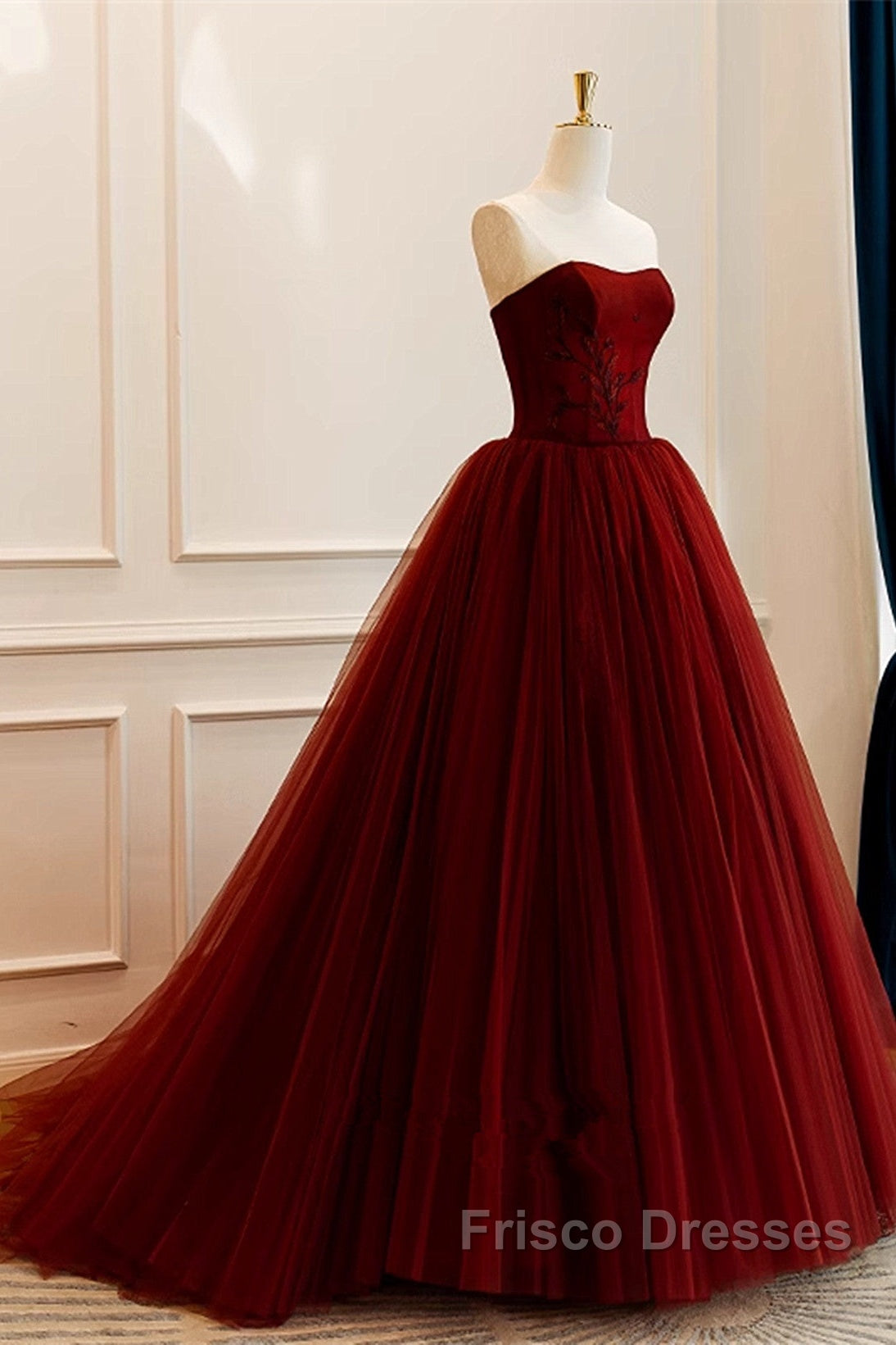 Wine Red Scoop Sweetheart Tulle Ball Gown Formal Prom Dress, Wine Red Tulle Evening Dress