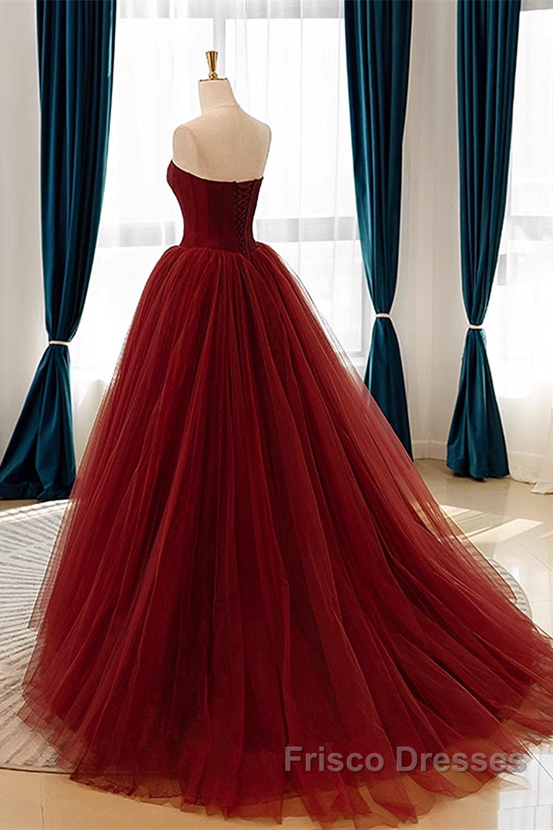 Wine Red Scoop Sweetheart Tulle Ball Gown Formal Prom Dress, Wine Red Tulle Evening Dress