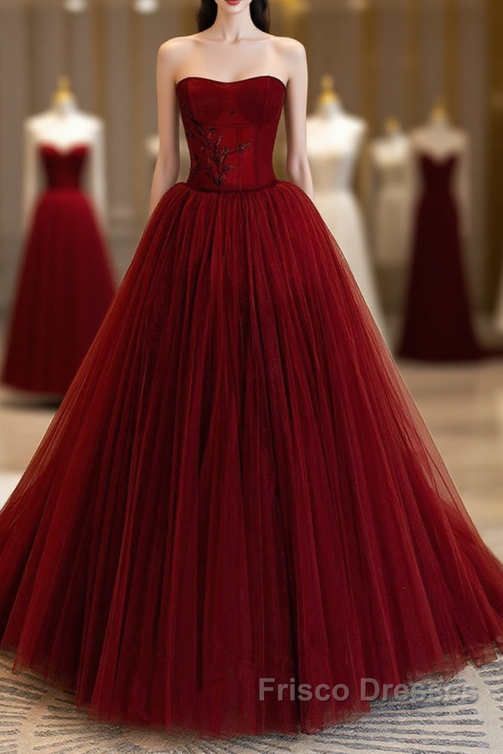 Wine Red Scoop Sweetheart Tulle Ball Gown Formal Prom Dress, Wine Red Tulle Evening Dress Main image