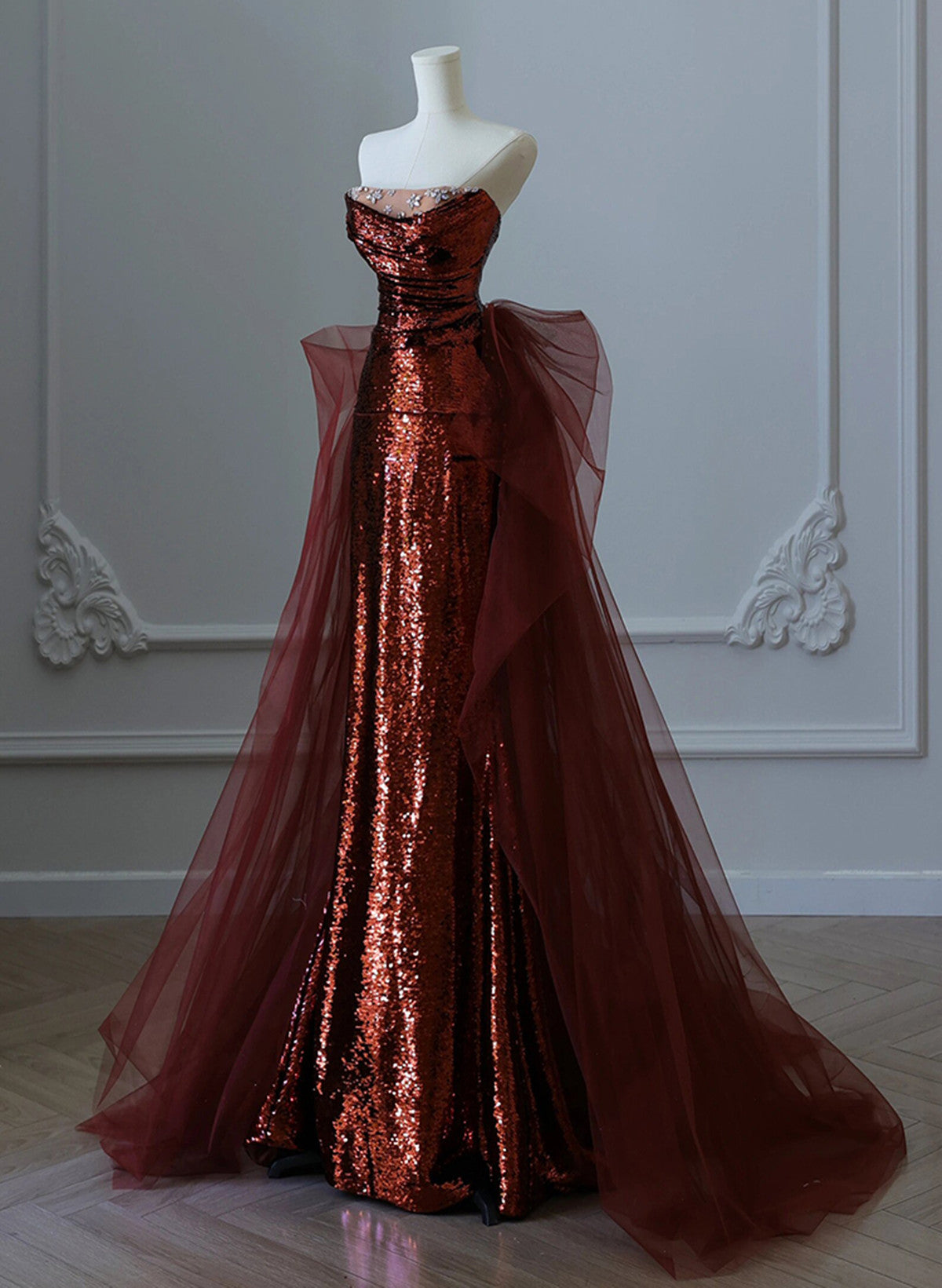 Wine Red Sequins And Tulle Beaded Long Party Dress, Wine Red Evening Dress Secondary image