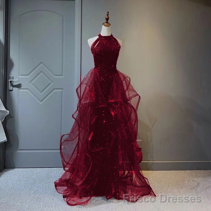 Wine Red Sequins and Tulle Halter Long Prom Dress, Wine Red Evening Dress Secondary image