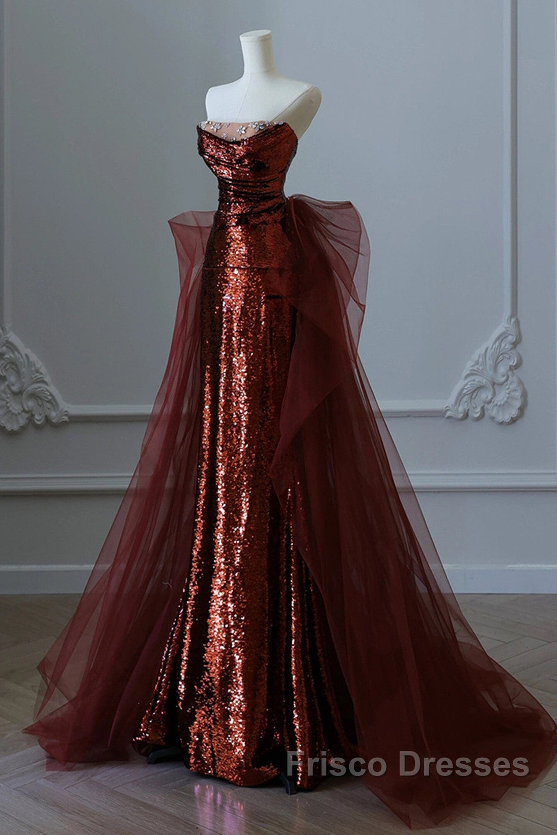 Wine Red Sequins And Tulle Long Formal Dress, Wine Red Formal Prom Dress Secondary image