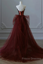 Wine Red Sequins And Tulle Long Formal Dress, Wine Red Formal Prom Dress