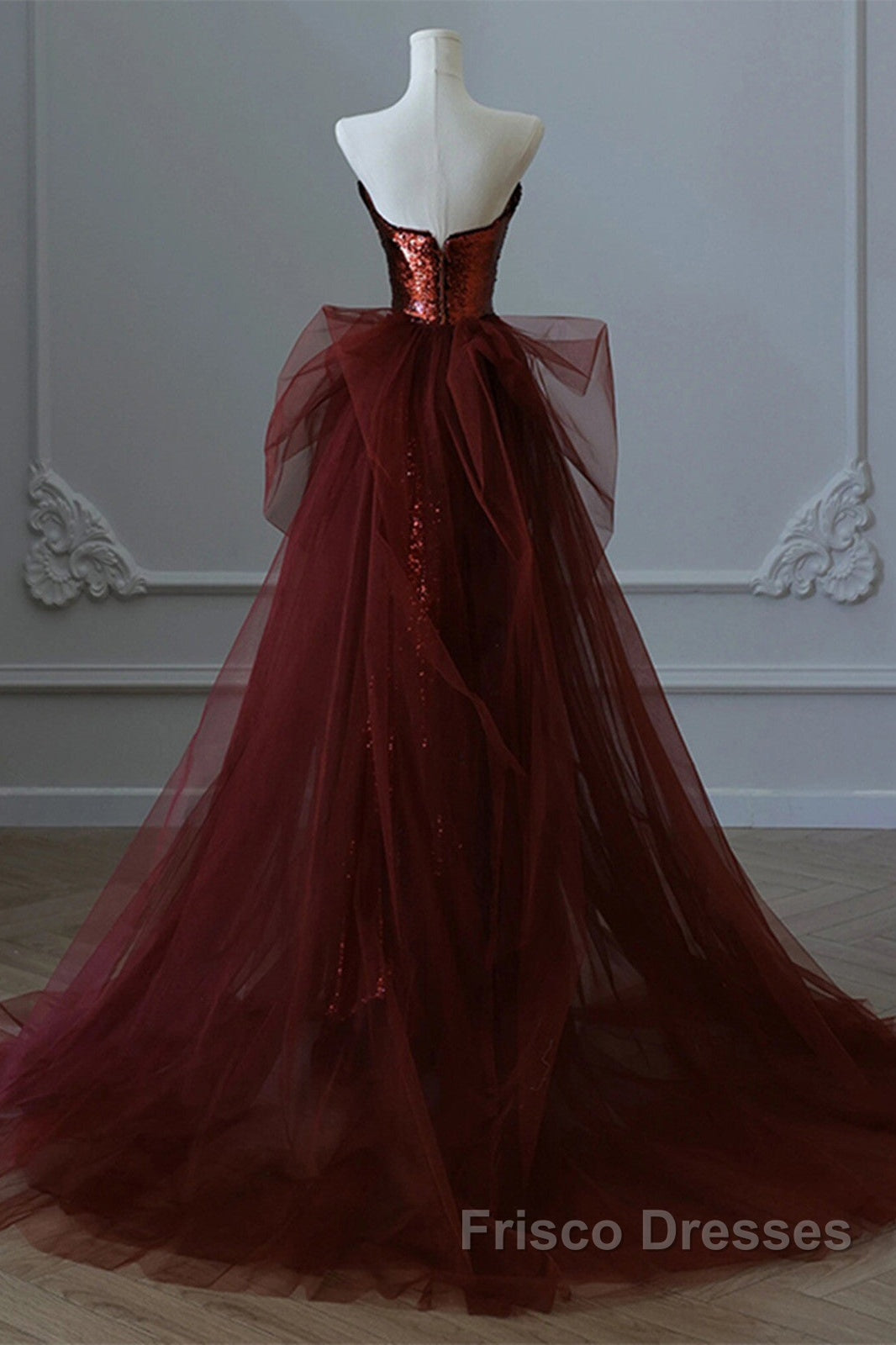 Wine Red Sequins And Tulle Long Formal Dress, Wine Red Formal Prom Dress