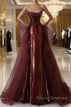 Wine Red Sequins And Tulle Long Formal Dress, Wine Red Formal Prom Dress