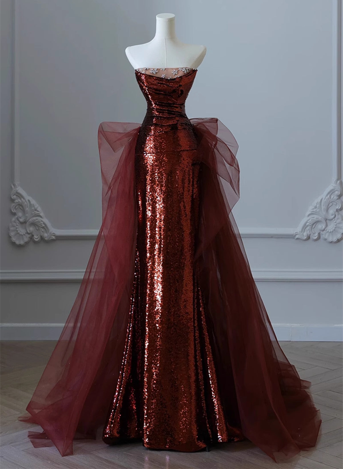 Wine Red Sequins And Tulle Long Party Dress, Wine Red Evening Dress Prom Dress Main image