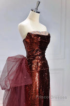 Wine Red Sequins Long Party Dress With Tulle, Wine Red Long Formal Dress Formal Prom Dress