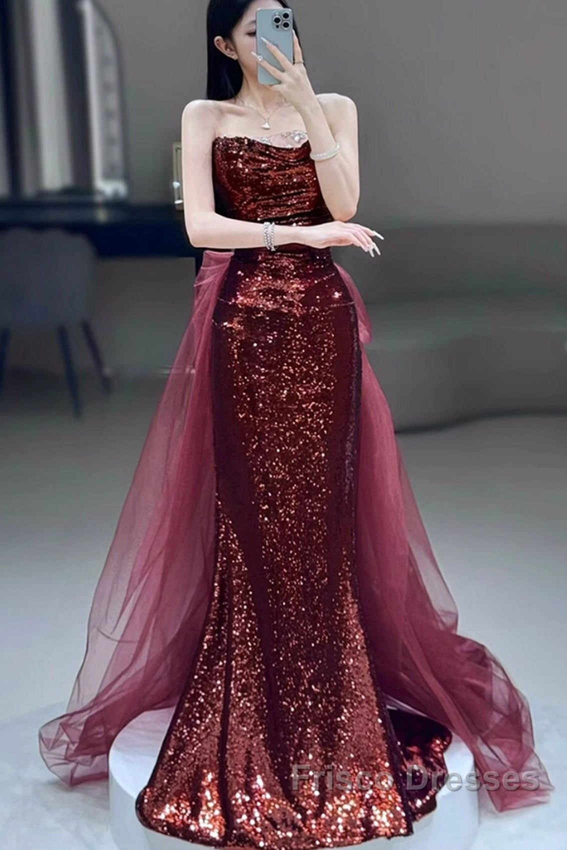 Wine Red Sequins Long Party Dress With Tulle, Wine Red Long Formal Dress Formal Prom Dress