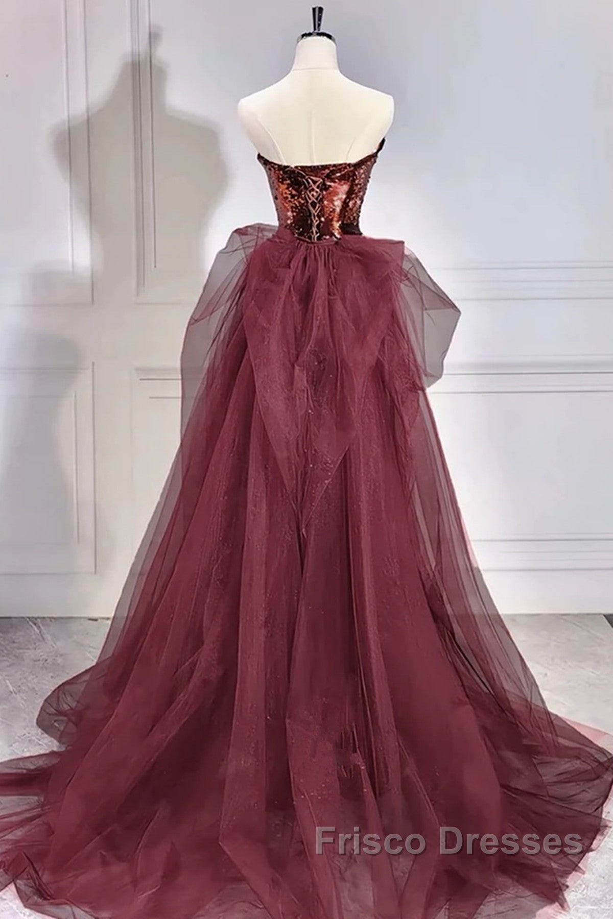 Wine Red Sequins Long Party Dress With Tulle, Wine Red Long Formal Dress Formal Prom Dress