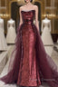 Wine Red Sequins Long Party Dress With Tulle, Wine Red Long Formal Dress Formal Prom Dress