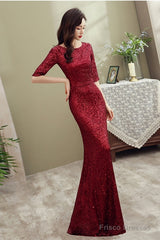 Wine Red Sequins Mermaid Long Evening Dress Party Dress, Dark Red Sequins Bridesmaid Dress