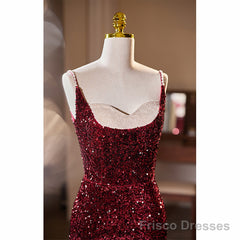 Wine Red Sequins Mermaid Long Formal Dress, Wine Red Evening Dress Party Dress