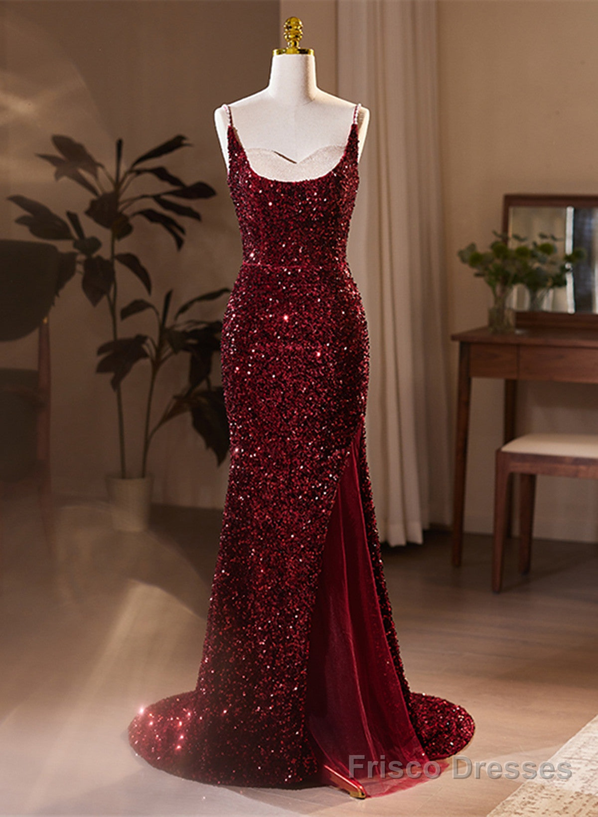 Wine Red Sequins Mermaid Long Formal Dress, Wine Red Evening Dress Party Dress Secondary image