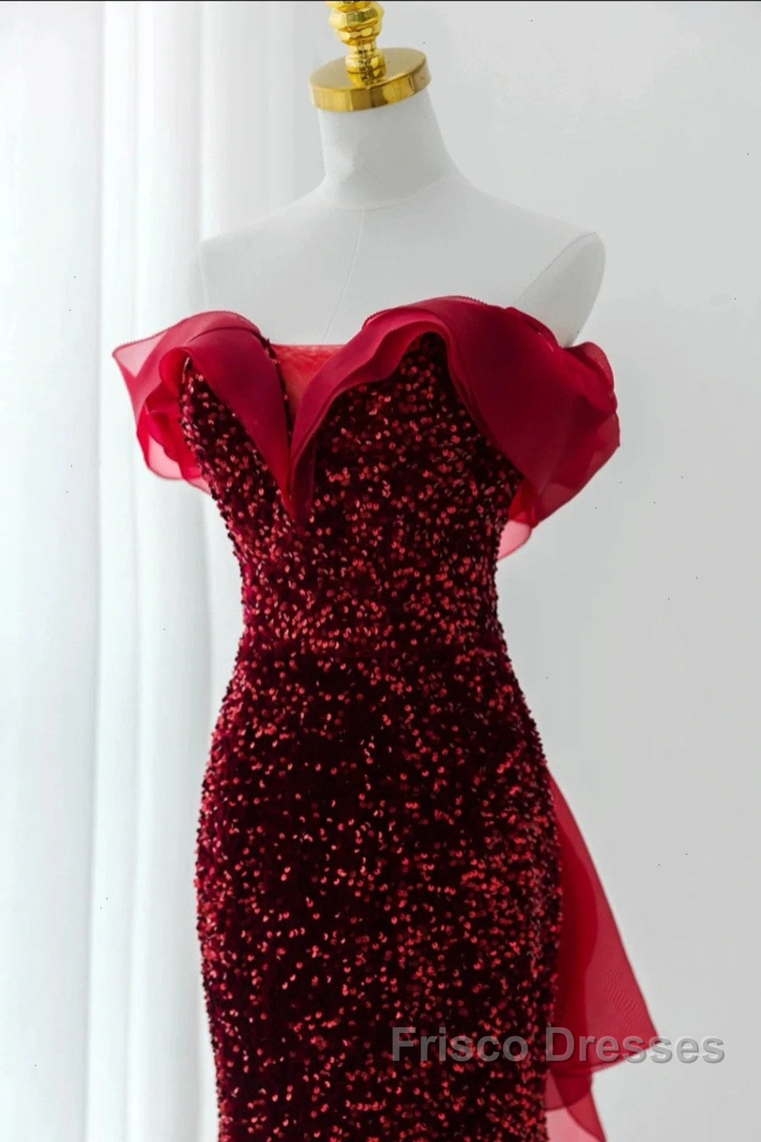 Wine Red Sequins Mermaid Long Party Dress, Off Shoulder Sweetheart Formal Prom Dress Secondary image