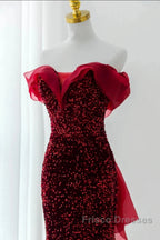 Wine Red Sequins Mermaid Long Party Dress, Off Shoulder Sweetheart Formal Prom Dress