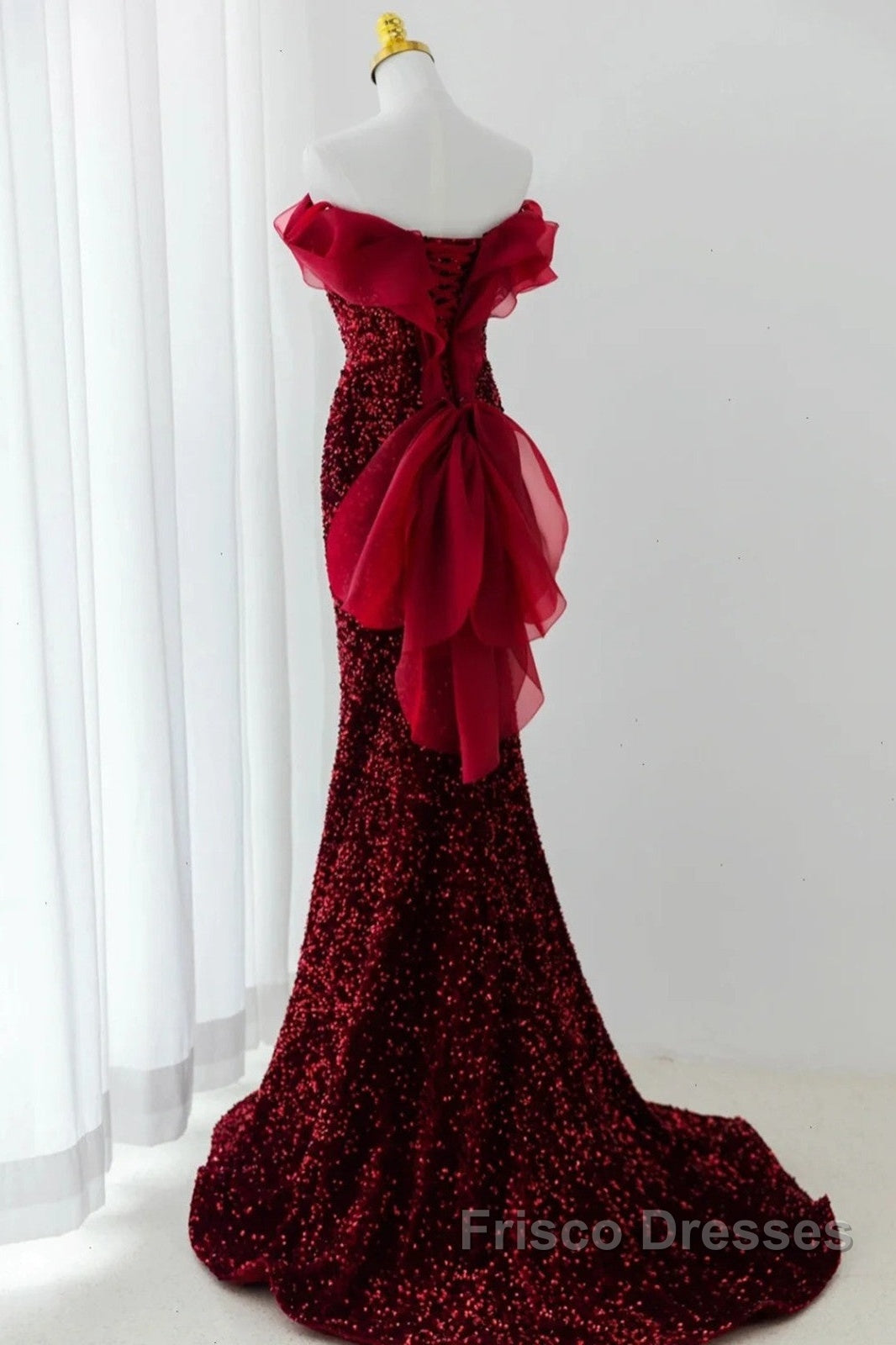 Wine Red Sequins Mermaid Long Party Dress, Off Shoulder Sweetheart Formal Prom Dress