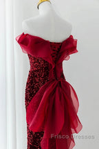 Wine Red Sequins Mermaid Long Party Dress, Off Shoulder Sweetheart Formal Prom Dress