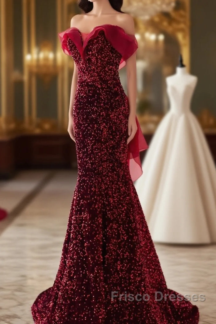 Wine Red Sequins Mermaid Long Party Dress, Off Shoulder Sweetheart Formal Prom Dress Main image