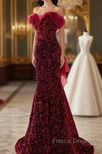 Wine Red Sequins Mermaid Long Party Dress, Off Shoulder Sweetheart Formal Prom Dress