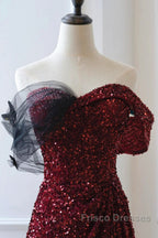 Wine Red Sequins Off Shoulder Long Party Dress, A-Line Sequins Formal Prom Dress