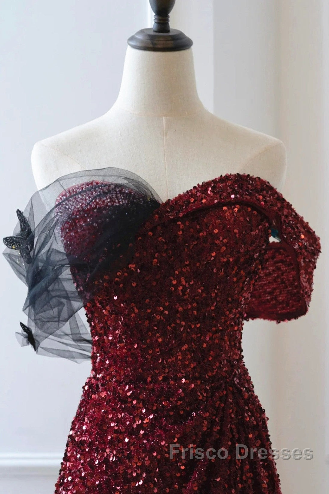 Wine Red Sequins Off Shoulder Long Party Dress, A-Line Sequins Formal Prom Dress