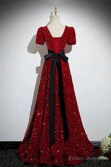 Wine Red Sequins V-Neckline Short Sleeves Party Dress, Wine Red Evening Dress